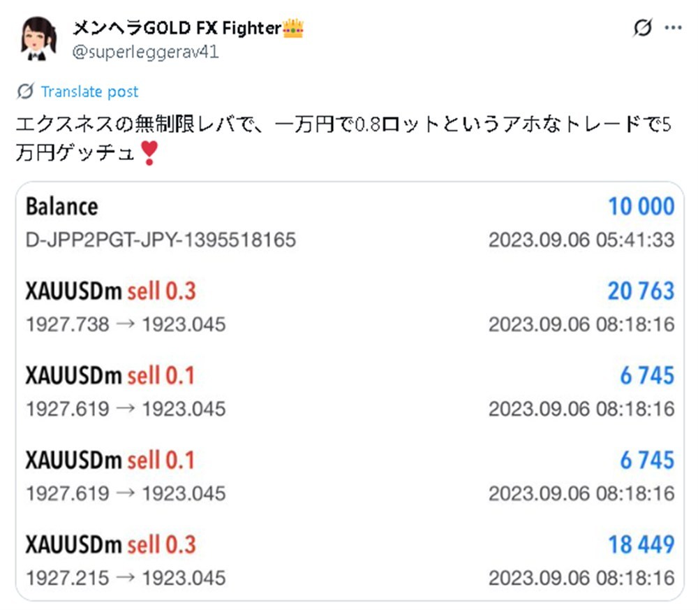 Xのexness無制限レバレッジのトレード結果