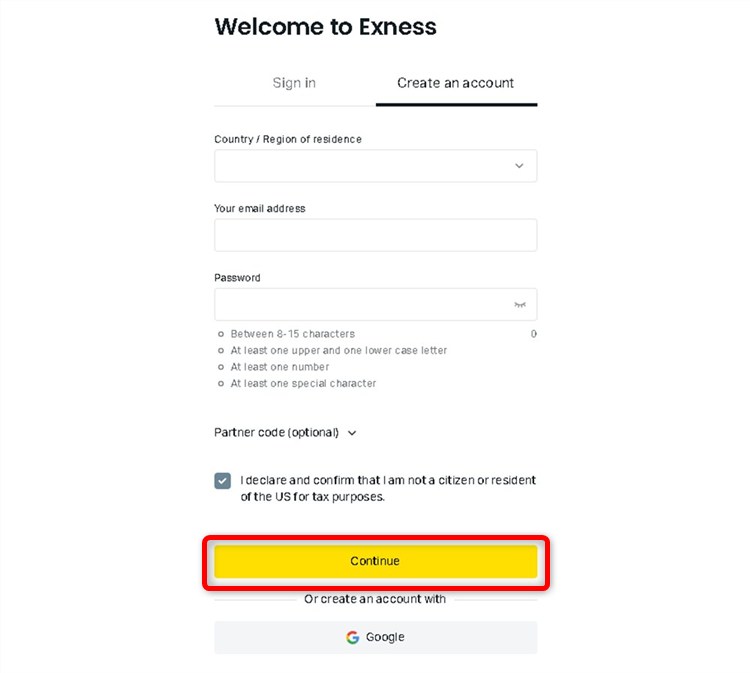 exnessの必要事項入力